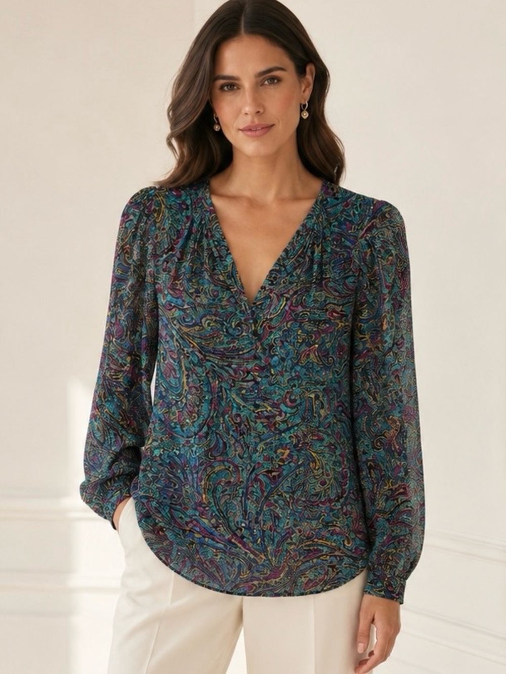 Shoshanna Teal & Multicolor Paisley V-Neck Blouse